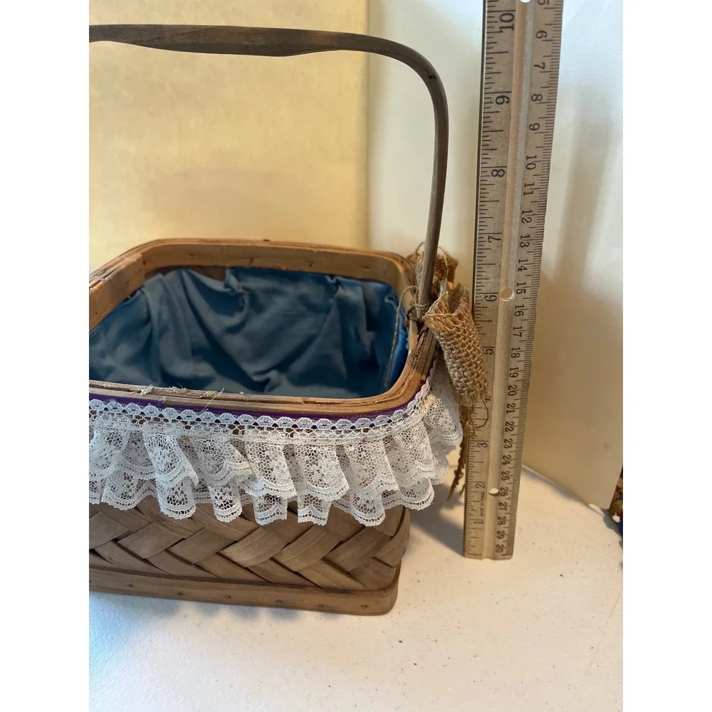 Vintage Woven Wood Basket with Lace Trim Burlap Bow and Blue Fabric Liner
